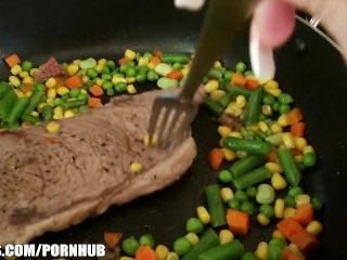 Hot And Horny Gf Helps Her Man Celebrate Steak And A Blowjob Day