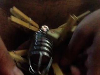 Bouncing On A Dildo In Chastity With Clothespins