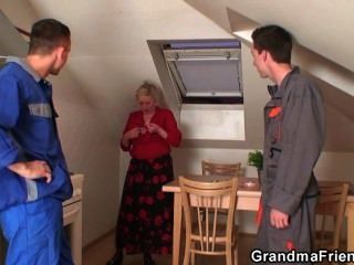 Nasty Granny Spreads Her Legs For Two Cocks
